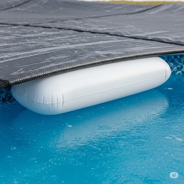 An inflatable air pillow floating beneath a winter above-ground pool cover, preventing ice expansion and protecting the pool walls during freezing temperatures, a vital accessory for many above ground pool covers.