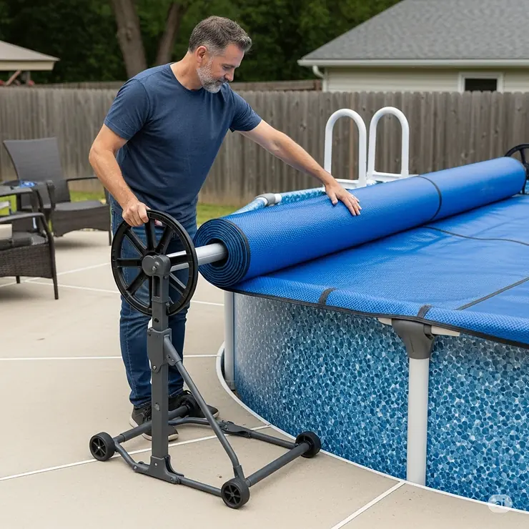 A person easily rolling up a solar above-ground pool cover onto a durable reel system, demonstrating convenient storage and deployment, an accessory that enhances the usability of above ground pool covers.