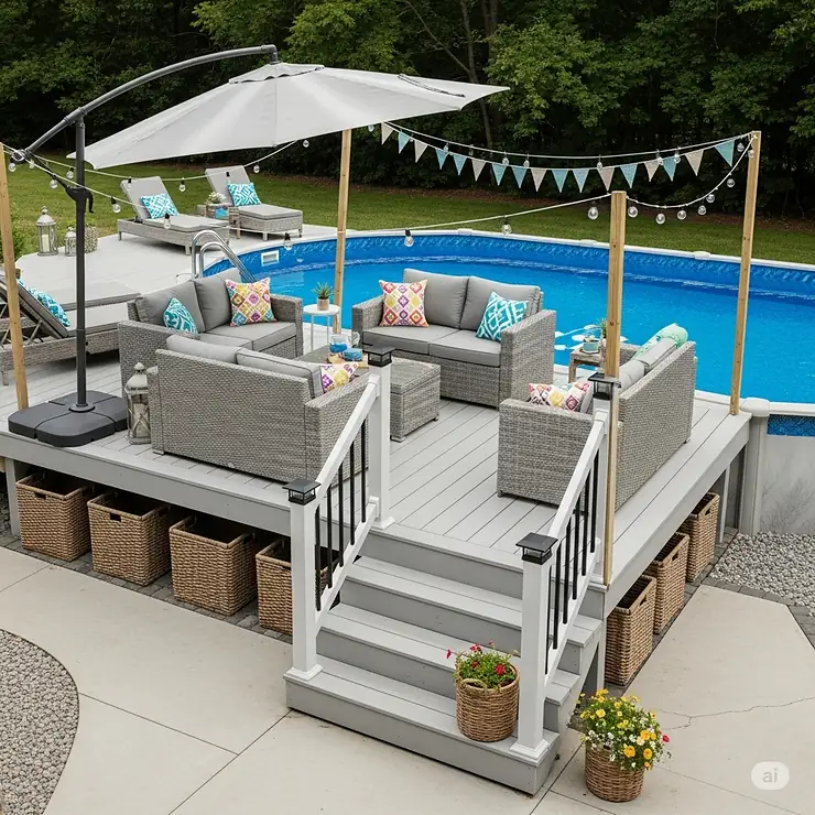 Popular accessories to complement an above ground pool deck, such as outdoor furniture, umbrellas, storage solutions, and decor.