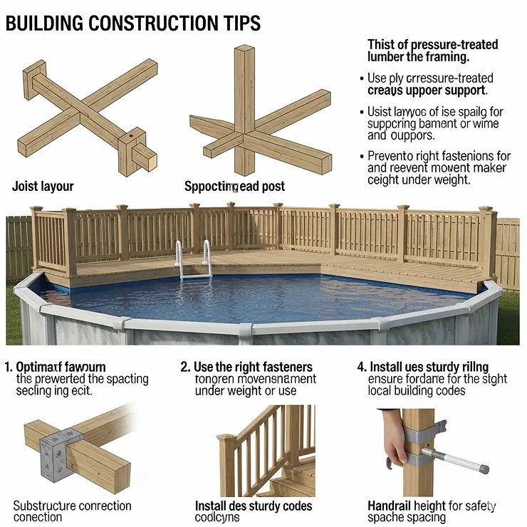 Key construction tips for building a durable and safe above ground pool deck, outlining structural considerations and best practices.