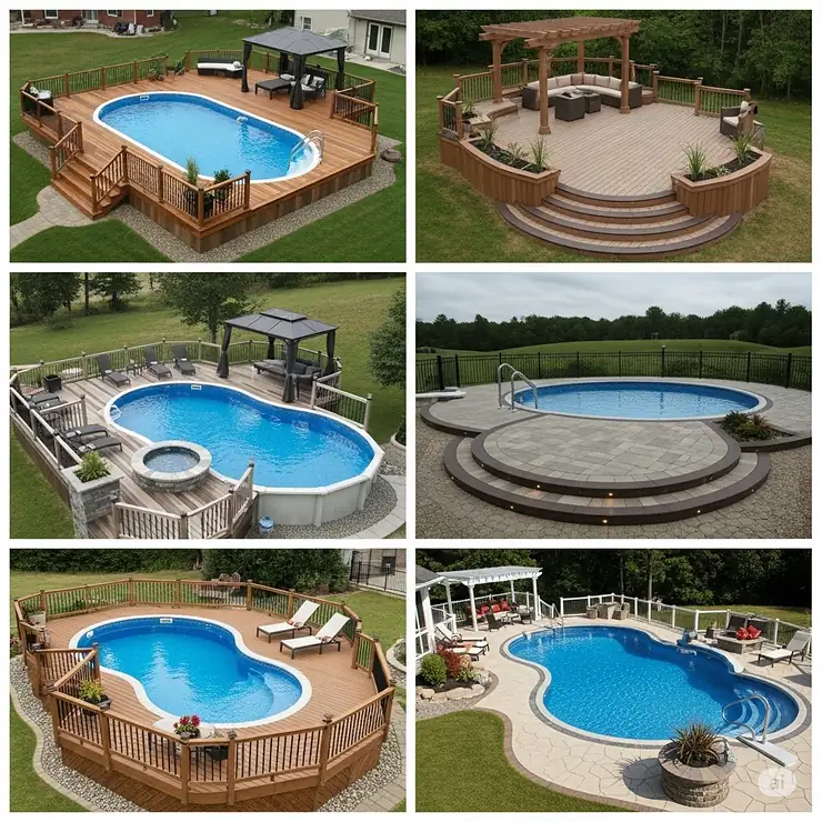 Creative design ideas for decks built around above ground pools, showcasing various shapes and materials.
