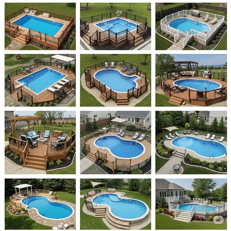 Various design ideas for above ground pool decks, showcasing different shapes, materials, and styles for backyard enjoyment.