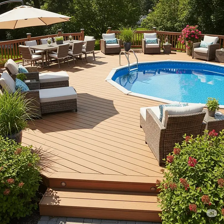 Spacious wooden deck surrounding an above-ground swimming pool, perfect for summer relaxation and entertaining. decks for above ground pools