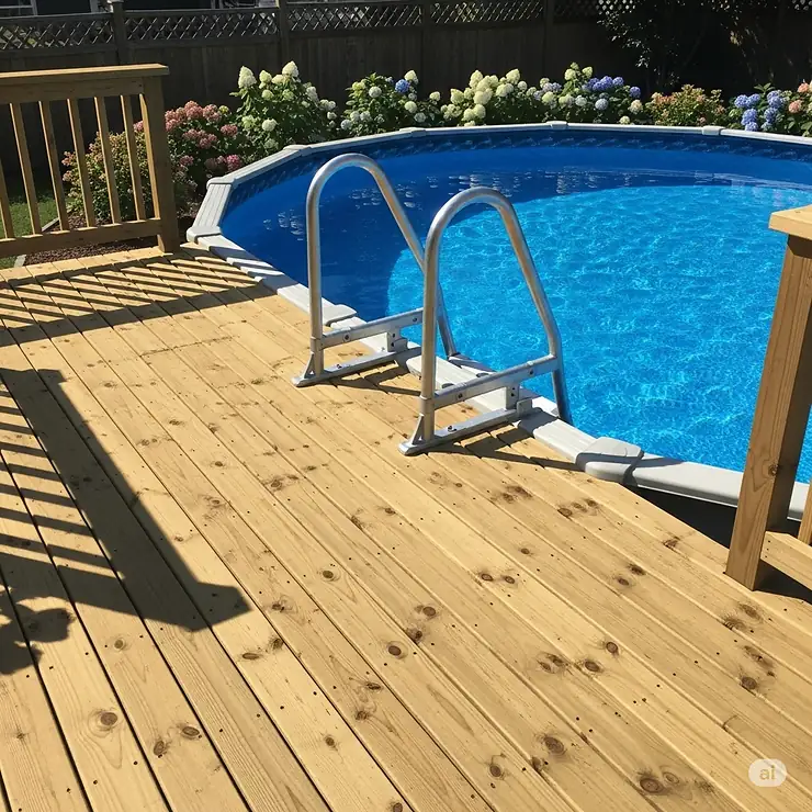 Simple wooden deck adjacent to an above-ground pool, with a secure ladder for convenient entry and exit.