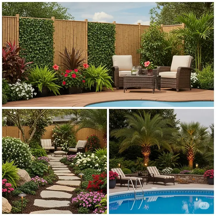 Landscaping ideas to enhance an above ground pool deck, showing examples of plants, privacy screens, and surrounding garden elements.