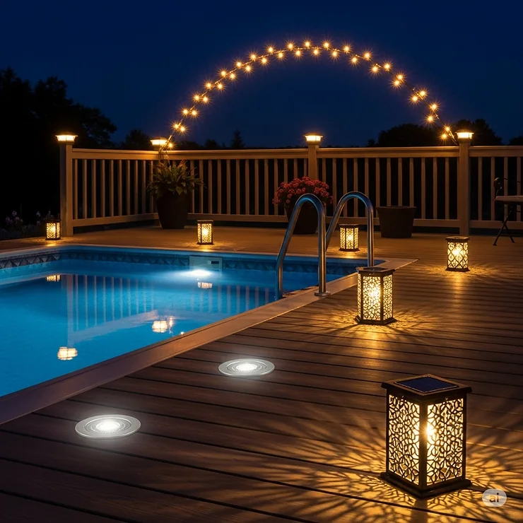 Creative lighting solutions for above ground pool decks, illustrating options like string lights, recessed deck lights, and solar-powered lanterns.