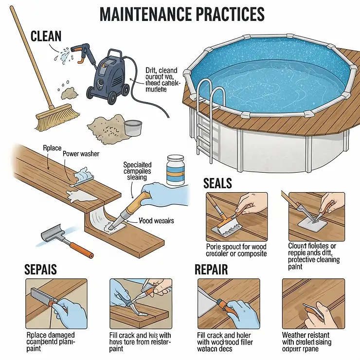 Illustration detailing maintenance practices for above ground pool decks, including cleaning, sealing, and repair tips to prolong lifespan.