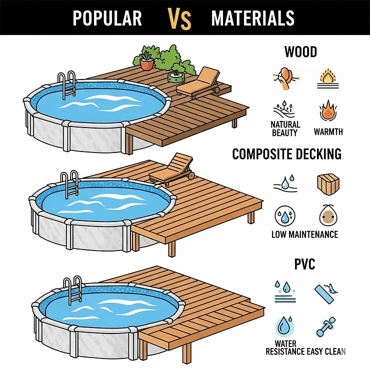 An illustration comparing popular materials for above ground pool decks, such as wood, composite, and PVC, highlighting their benefits.