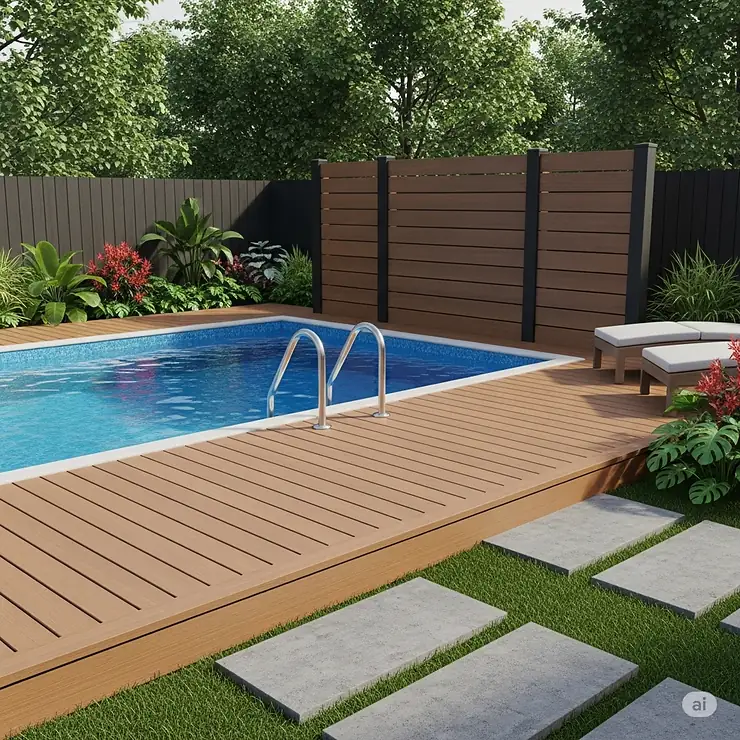 Above-ground pool deck featuring an integrated privacy screen, ideal for secluded backyard swimming.