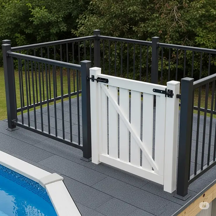 Essential safety features for above ground pool decks, including non-slip surfaces, secure railings, and gate options for child protection.