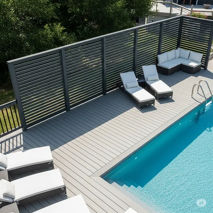 An above ground pool deck featuring a stylish privacy screen, perfect for secluded enjoyment and sunbathing.