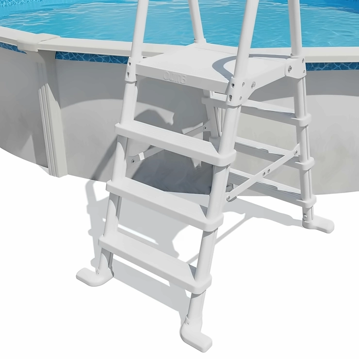 White A-frame pool ladder steps specifically designed for above ground pools, showing wide treads.