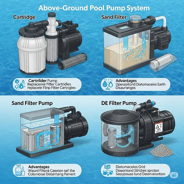 A helpful chart illustrating how to correctly size an above ground pool pump based on pool volume and turnover rate, ensuring optimal filtration for different pool sizes.
