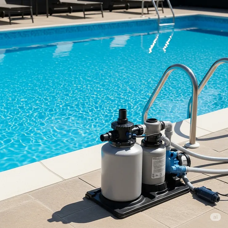 A complete sand filter system specifically designed for an above ground pool, showcasing its compact design and easy setup next to a sparkling blue swimming pool.