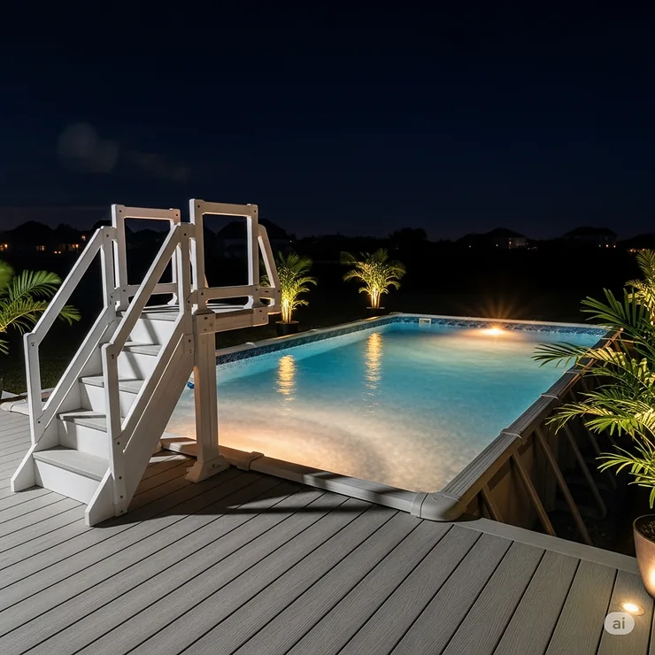 A stunning night-time photograph of a well-lit above ground pool with stairs and a deck, creating a relaxing and inviting ambiance.
