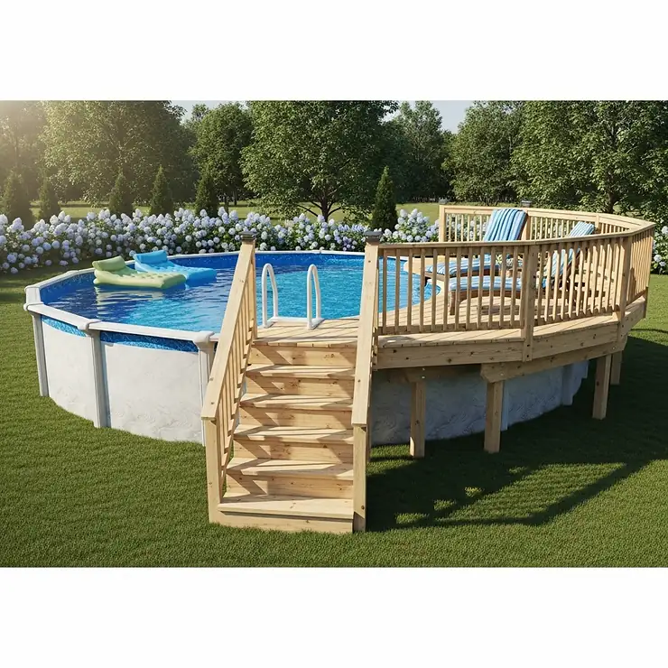A beautiful backyard featuring an above ground pool with durable, non-slip stairs and an elegant wooden deck, perfect for sunbathing and easy entry. above ground pool stairs with deck