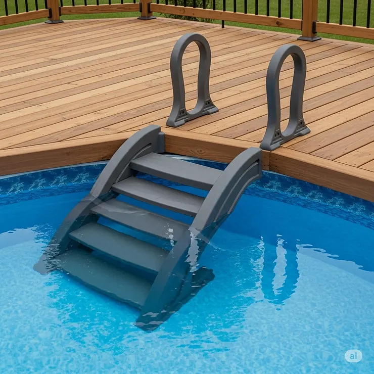 Pool steps connecting an above ground pool seamlessly to a wooden deck, offering convenient access.