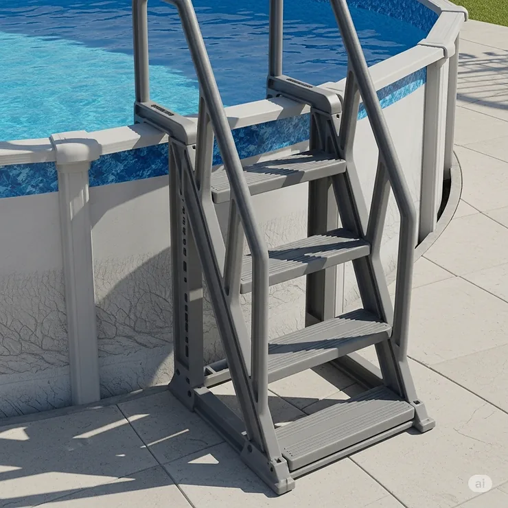 Durable gray pool steps providing safe and easy entry and exit for an above ground swimming pool.