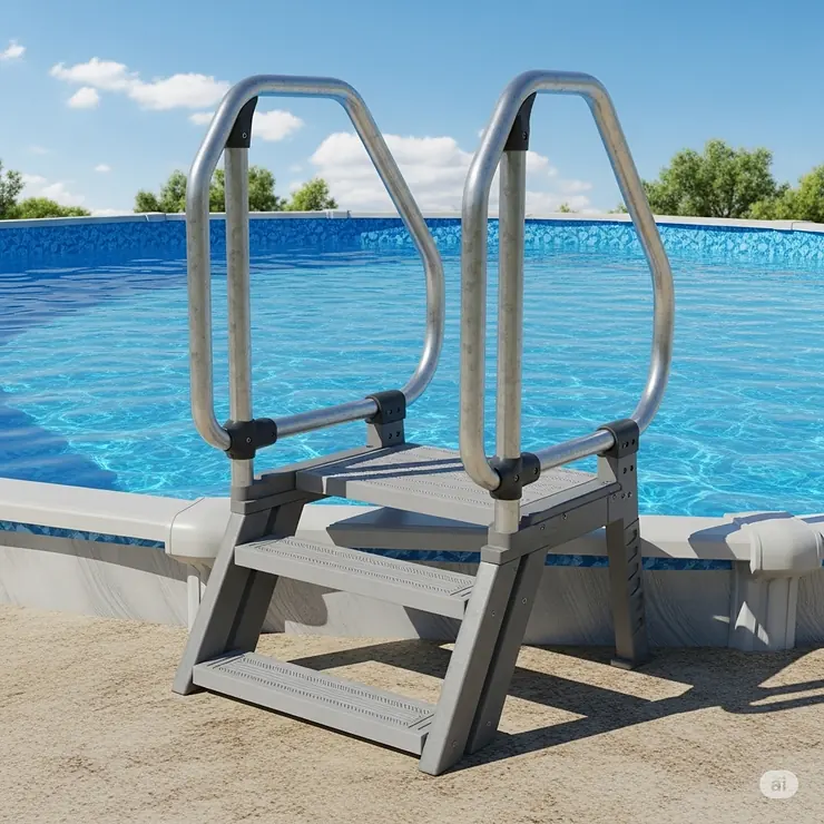 Sturdy pool steps for above ground pools equipped with robust handrails for added stability.