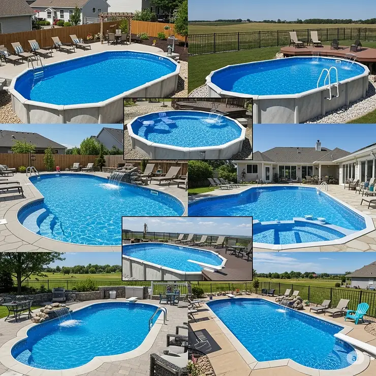 Collage showcasing diverse shapes and sizes of salt water above ground pools to fit different backyard layouts and preferences.