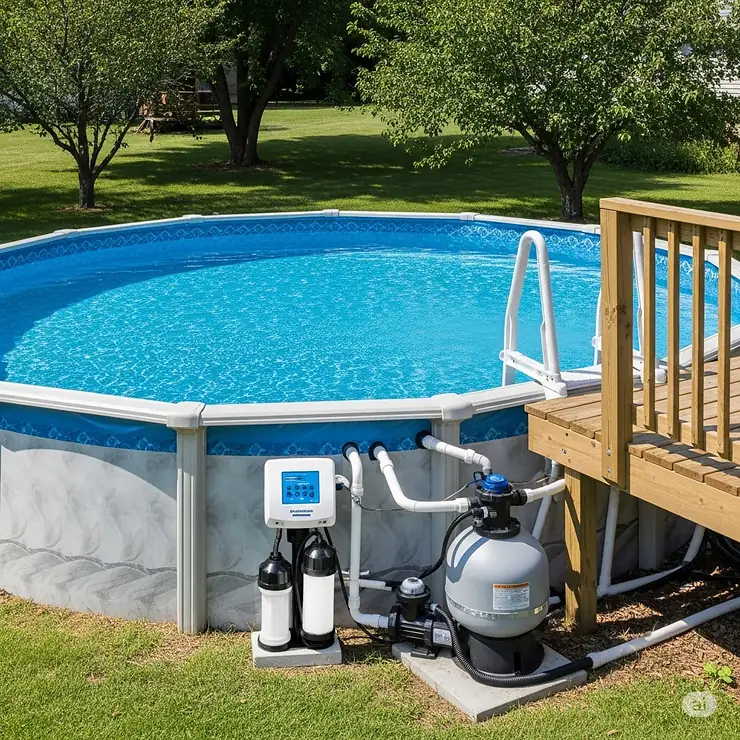 Diagram showing a complete above ground pool system with an integrated salt water chlorinator for easy maintenance.