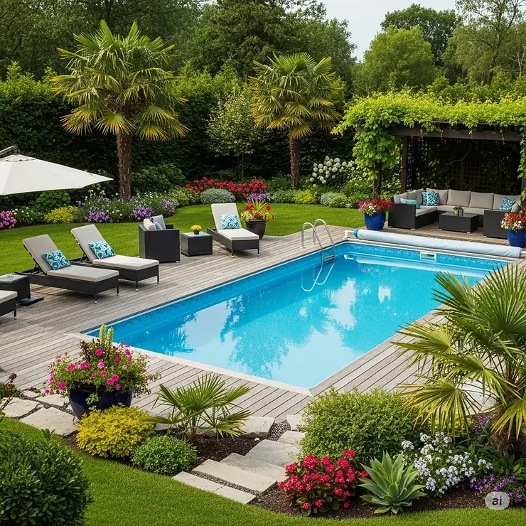 A fully-landscaped backyard featuring an inviting above-ground saltwater pool as the centerpiece, surrounded by lush plants and patio furniture.