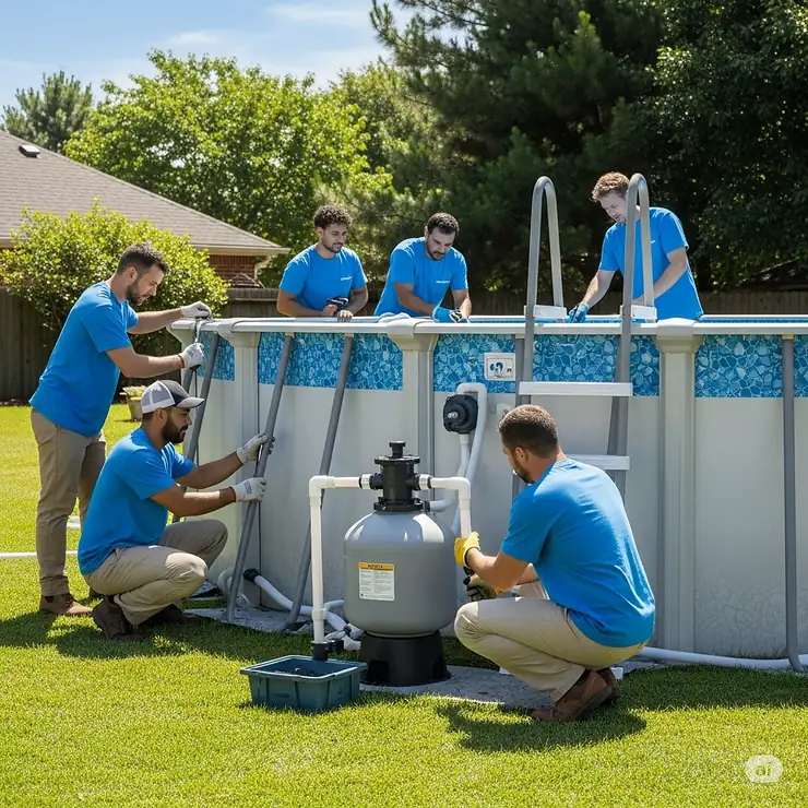 Professional installers setting up an above-ground saltwater pool in a backyard, highlighting the easy setup process.