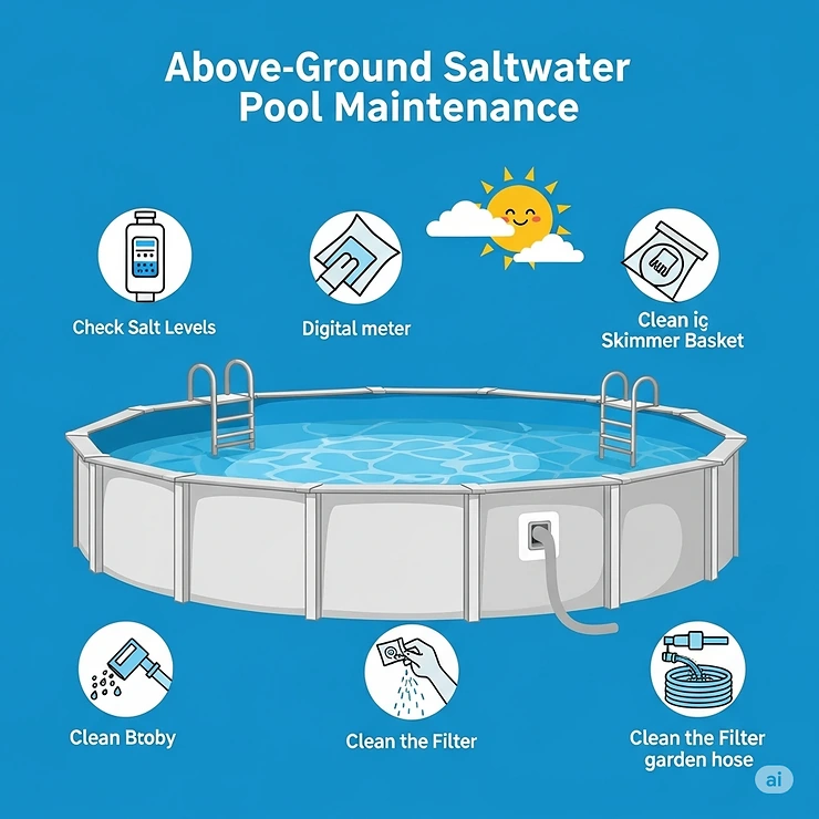 A simple graphic illustrating the low-maintenance steps, such as checking salt levels and cleaning filters, required for an above-ground saltwater pool.