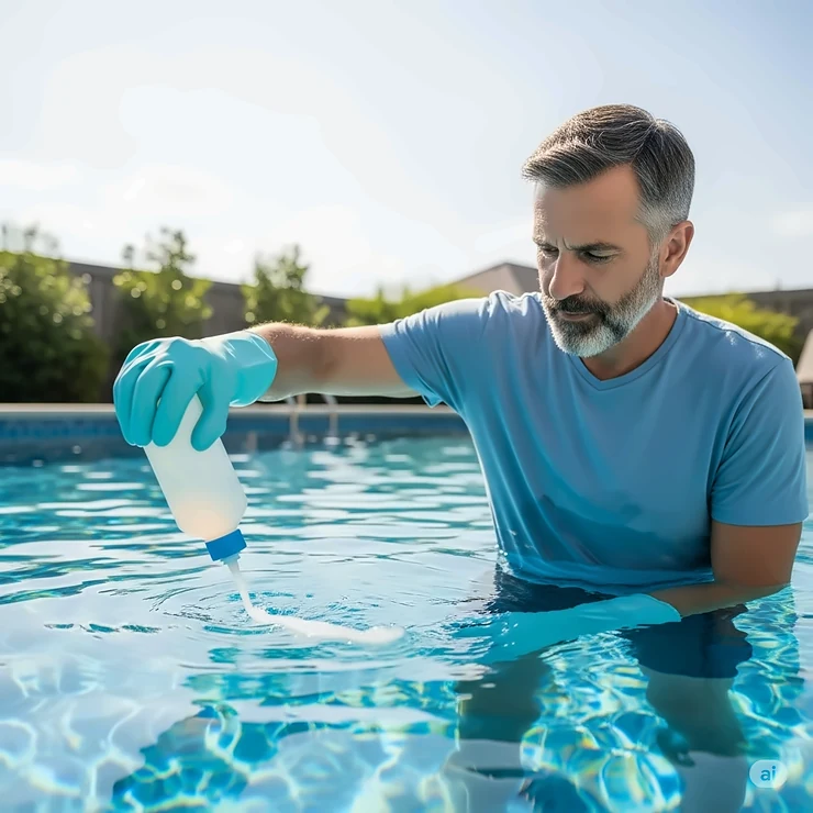 Pool owner applying liquid pool stabilizer for effective chlorine protection.