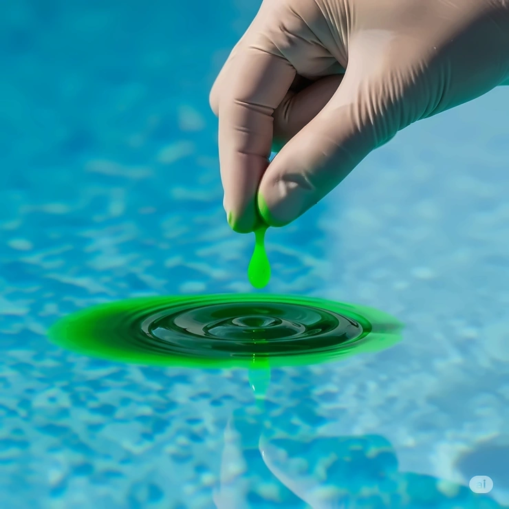 A close-up of a drop of pool leak dye being carefully dispensed into still water to locate a leak.