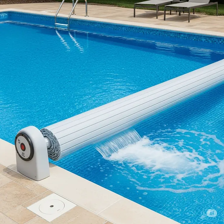 An automatic above-ground pool cover system in action, showing the cover effortlessly extending or retracting with a push of a button, showcasing a convenient and efficient above ground pool cover.