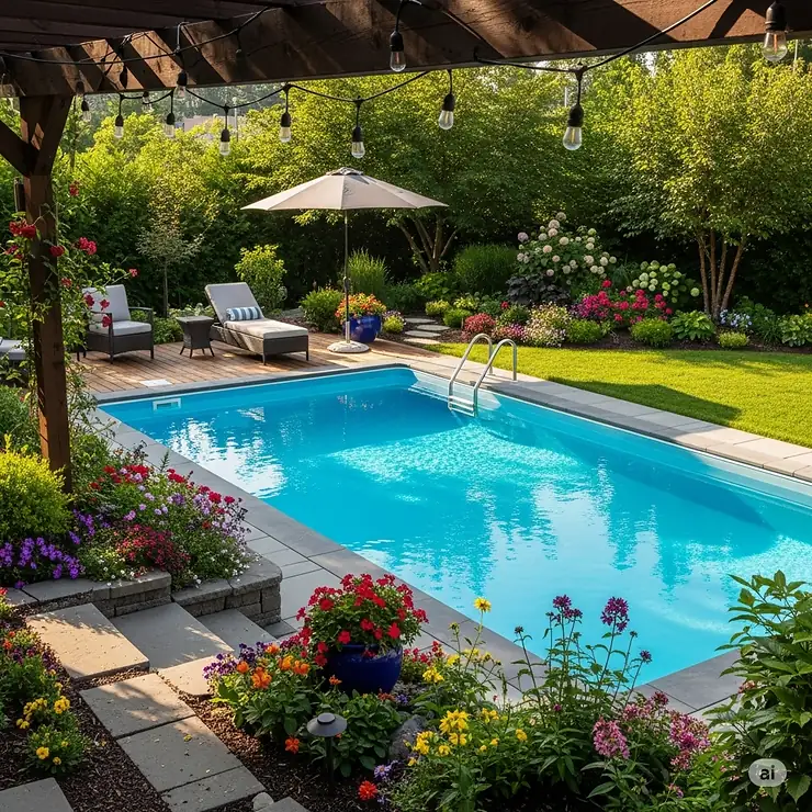 Beautiful backyard landscape featuring a stylish and inviting salt water above ground pool as a central design element.