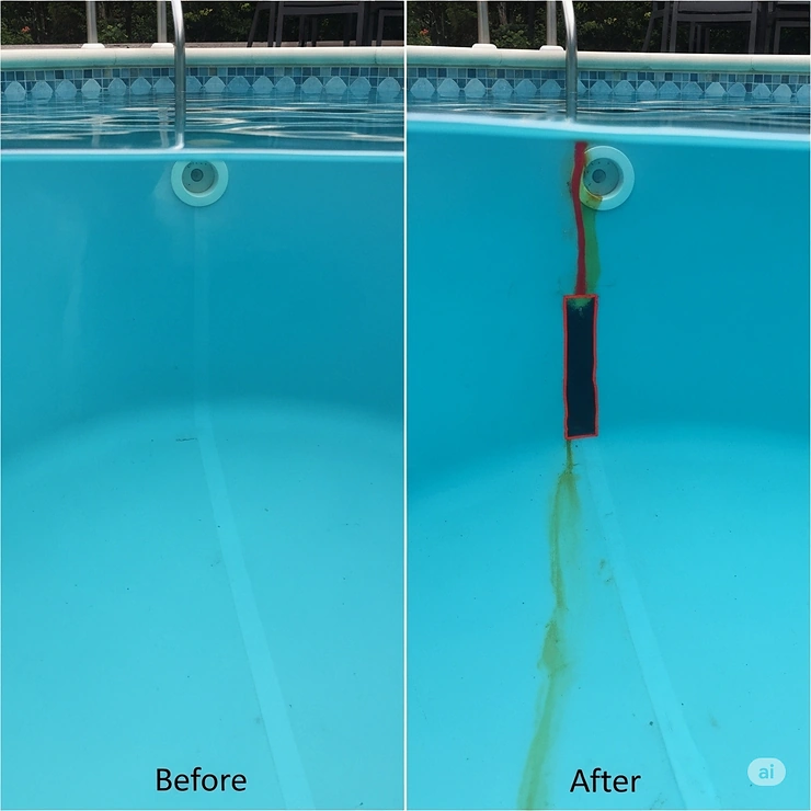 Two frames comparing a pool's water: one before using leak detection dye and one after the dye has identified a leak.