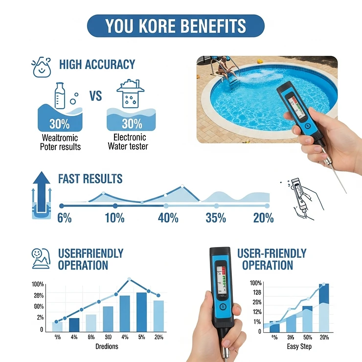 Infographic showcasing the key benefits of using an electronic pool water tester, including high accuracy, fast results, and user-friendly operation.