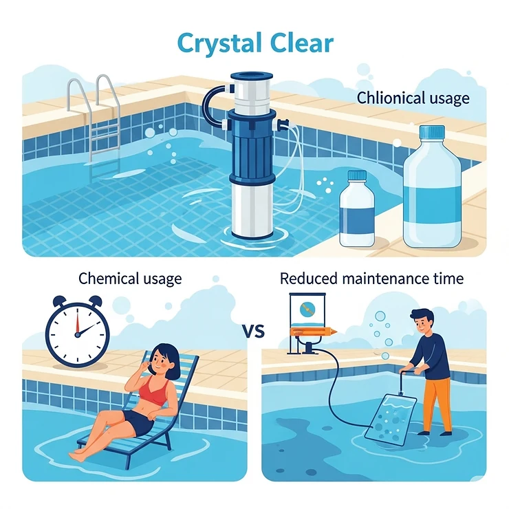 Infographic illustrating the benefits of a high-quality pool filter for inground pools, including pristine water clarity and reduced maintenance.