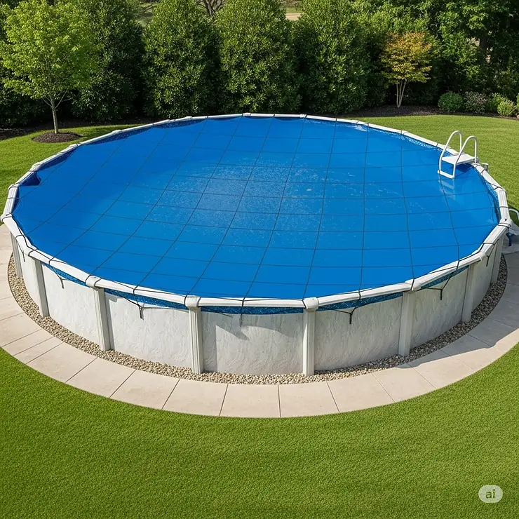 A high-quality, durable blue mesh cover securely fitted over a large round above-ground pool, protecting it from debris and harsh weather. This represents one of the best above ground pool covers for year-round protection.
