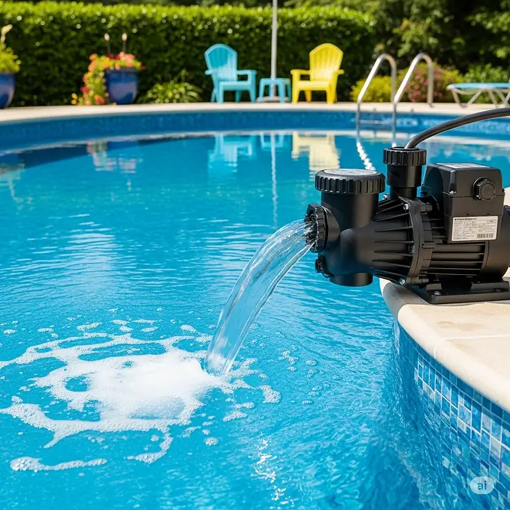 A powerful, efficient above ground pool pump actively circulating crystal-clear water, highlighting its performance and reliability for superior filtration.