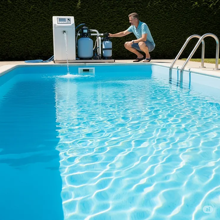 A state-of-the-art pool filter system efficiently maintaining crystal clear water in a beautiful backyard inground pool, showcasing one of the best pool filters for inground pools.