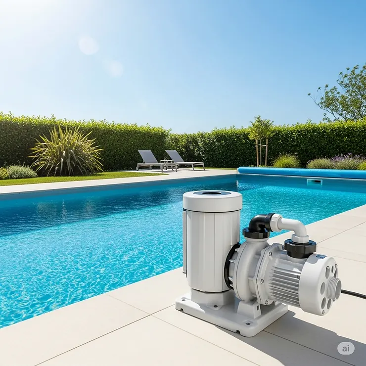 A modern, high-efficiency variable speed pool pump operating quietly next to a crystal-clear swimming pool, representing the best pool pump solutions for energy savings and superior filtration.