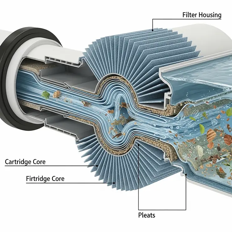 Detailed view of a cartridge pool filter, a popular choice among the best pool filters for inground pools, showing its pleats and filtration mechanism.