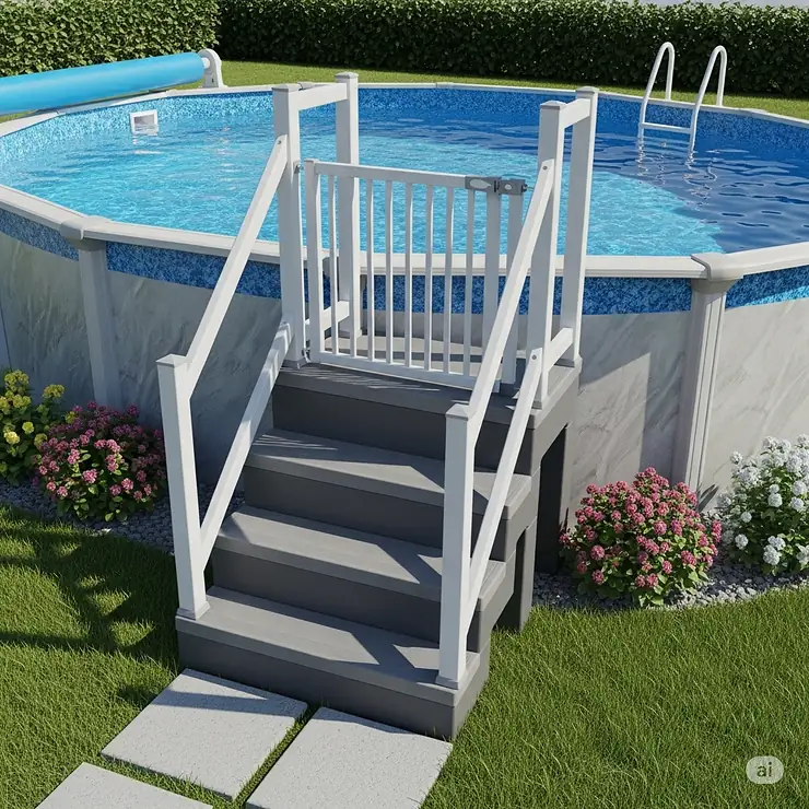 Pool steps for above ground pools featuring a secure gate, ideal for child safety.