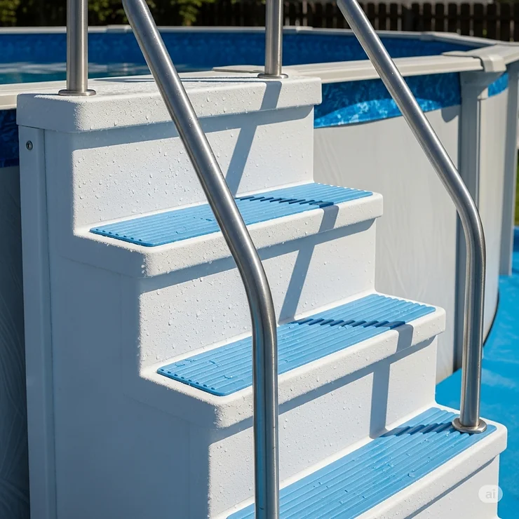 A close-up view of sturdy, resin above ground pool stairs with a safety rail, showing the non-slip treads designed for secure footing.