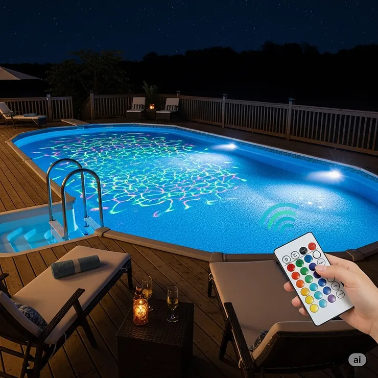 An above ground pool illuminated with dynamic color-changing LED lights, showcasing the ability to customize the mood and aesthetic of the pool area.