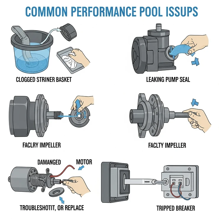Illustrations depicting common pool pump issues and their potential solutions, helping maintain the performance of even the best pool pump.