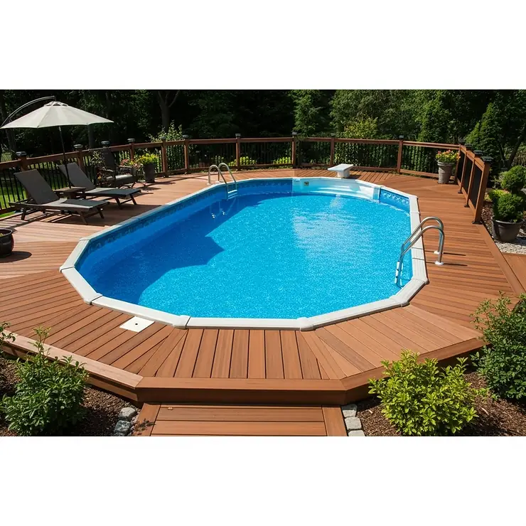 Durable composite decking constructed around an above ground pool, highlighting low-maintenance and aesthetic benefits.