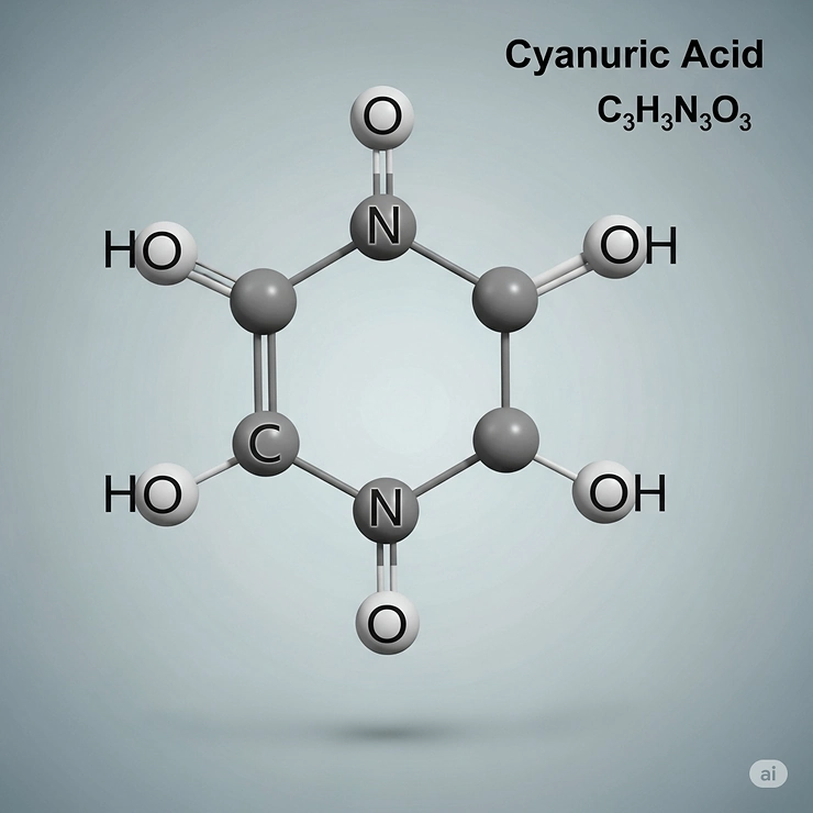 Chemical representation of cyanuric acid, the active ingredient in liquid pool stabilizer, for chlorine stabilization.