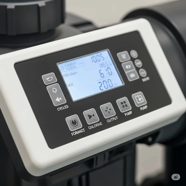 Close-up of the user-friendly digital control panel on a modern salt water pool pump, allowing for easy operation and settings adjustment.