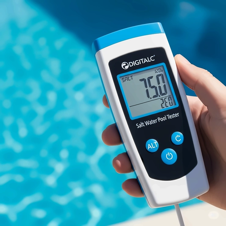 A digital salt water pool tester displaying a reading, highlighting the precision and ease of use of a digital test kit.