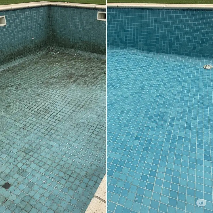 Before and after comparison showing discolored, grimy swimming pool tiles alongside bright, clean tiles achieved with a powerful swimming pool tile cleaner.
