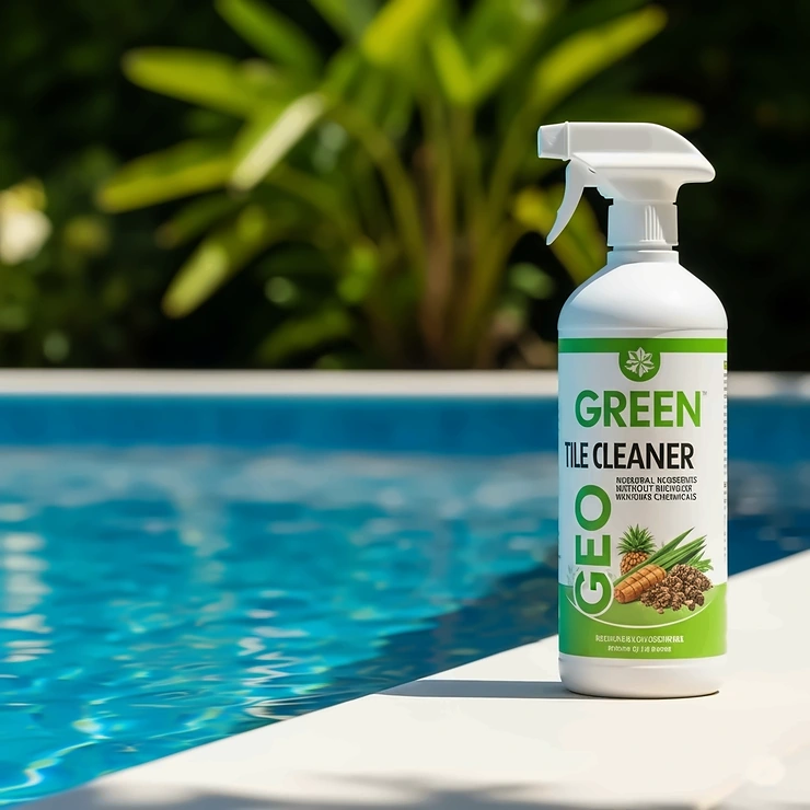 An image emphasizing the environmentally friendly aspects of a swimming pool tile cleaner, perhaps showing a 'green' label or natural ingredients, appealing to eco-conscious pool owners.